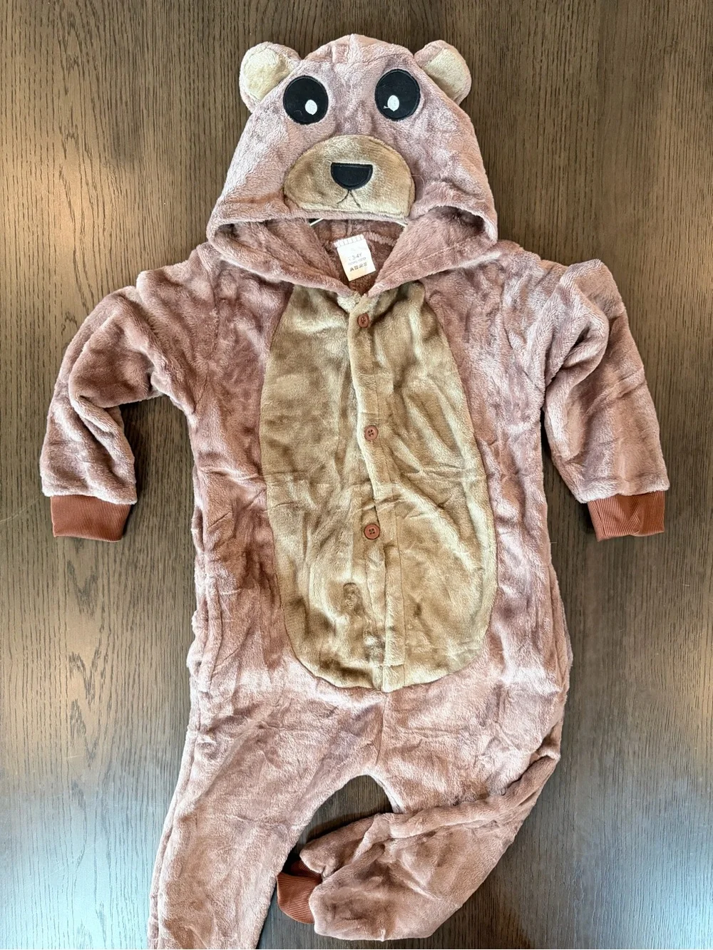 Brand New Kids 3/4T Bear Hooded Plush One-Piece Pajamas - Light Brown